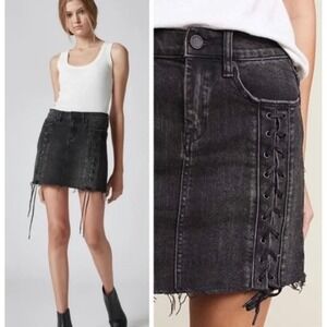 Blank NYC Denim Mini Skirt Lace Up Frayed Hem‎ Black Wash Size 27